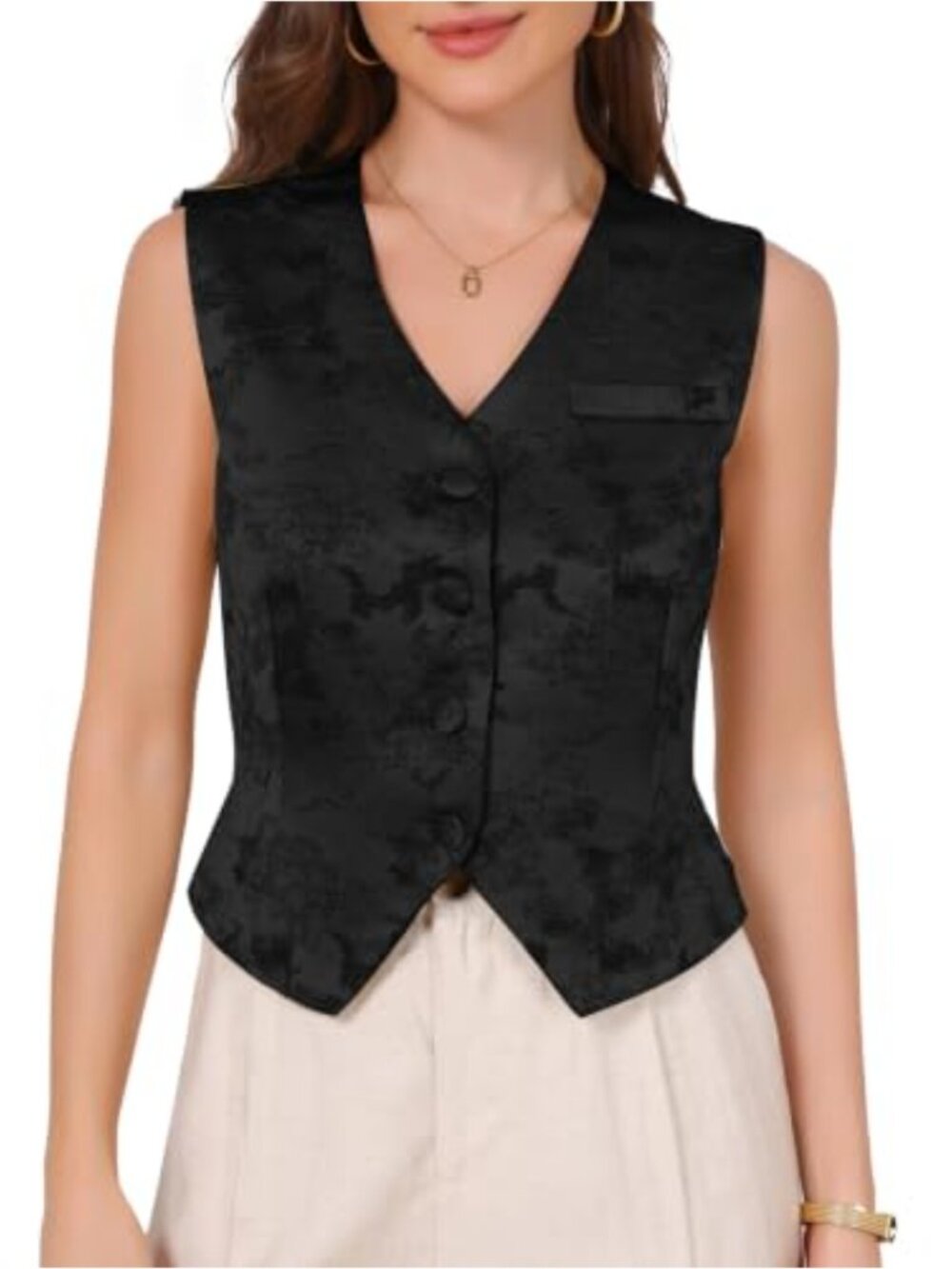 Vintage Fitted Vest, Floral Jacquard Cropped Waistcoat, Women's Suit Vest